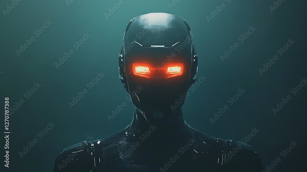 Poster futuristic robot with glowing eyes in dark setting for ai, robotics, tech concepts