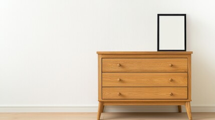 A minimalistic wooden dresser with three drawers, adorned by a blank picture frame, set against a plain wall.