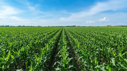 A vast cornfield stretches under a bright blue sky, showcasing rows of lush green crops thriving in the sunlight.