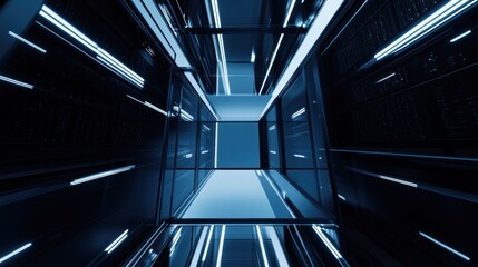 Obraz premium Server room aisle, data center, glowing lights, technology, network infrastructure, background
