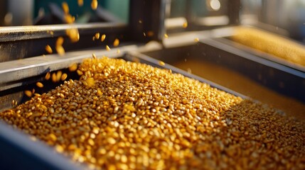 Corn harvest, sunlight, industrial sorting, agriculture, food production