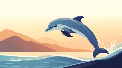 Obraz premium Dolphin jumps out of ocean near mountains at sunset, illustration for children's book