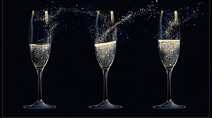 Three Champagne Flutes with Sparkling Fireworks Illustration