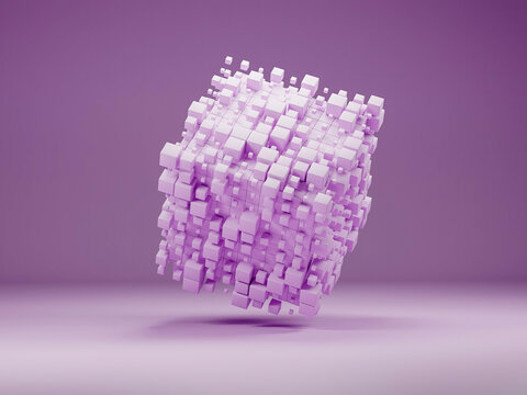 Abstract 3D rendering of a purple cube exploding into particles