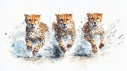 Captivating Watercolor Painting of Three Cheetah Cubs Racing Through Water
