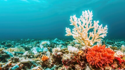 Plastic pollution concept. Vibrant coral reef showcasing diverse marine life and colorful corals underwater.