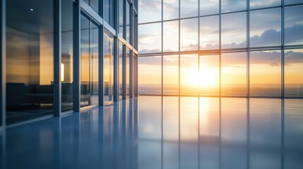 Fototapeta premium Modern Office Interior with Large Windows and Sunset Reflection