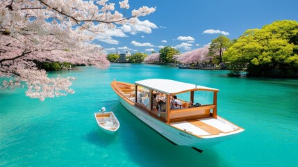 Obraz premium scenic view of a famous tourist destination with spring flowers in full bloom