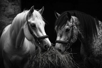 Obraz premium Two horses eating hay