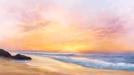 Obraz premium Sunset painting over the ocean, relaxing waves on the shore. Nature background for meditation