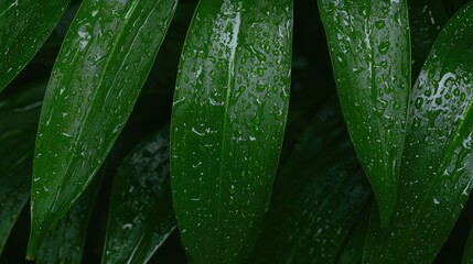 Lush green leaves with rain drops, nature background, ideal for website banners
