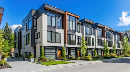 Modern Residential Building with Lush Green Landscaping and Blue Sky