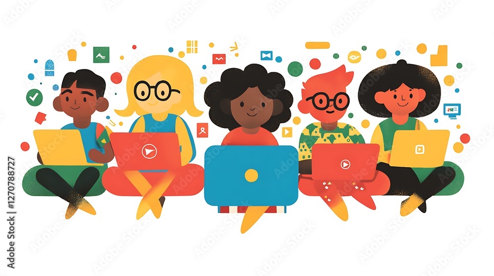 Poster students coding on laptops, educational background with icons, in class. concept illustration