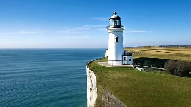 Historic lighthouse on white cliffs overlooking channel