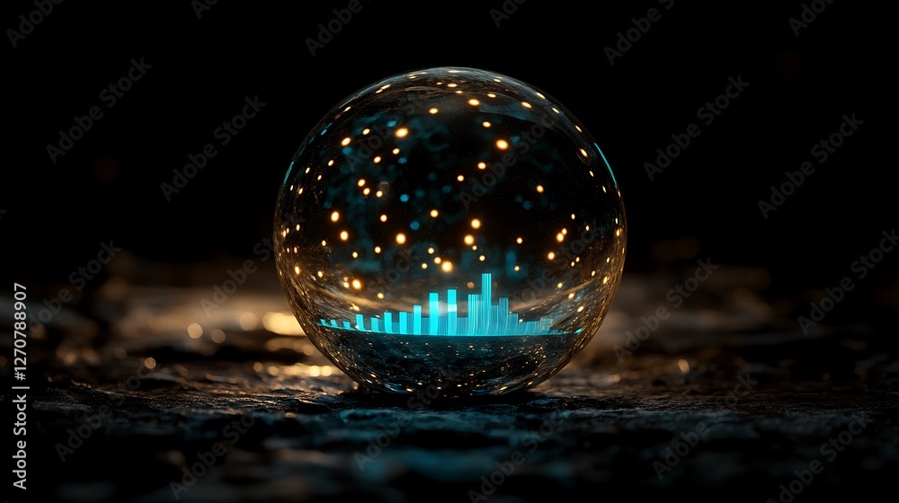 Poster glass orb with light reflections and a blue frequency spectrum for technology use