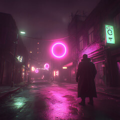 Obraz premium Neon Street Scene Man in Trench Coat at Night with Illuminated Circular Signage in Urban Area