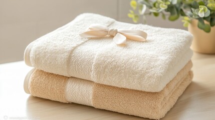 Soft, neatly folded towels stacked together on a table with a small decorative plant in the background.