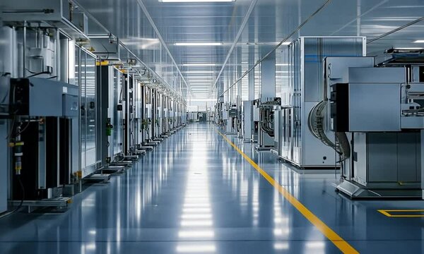 Wide shot inside the Fab clean room of advanced semiconductor production. Automated robots transport wafers between machines