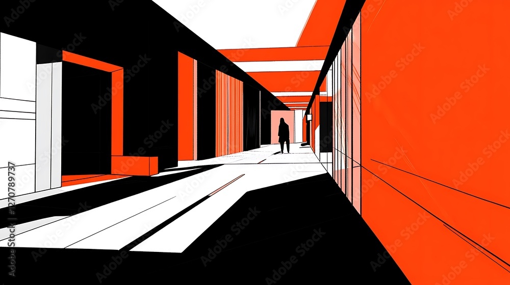 Poster person walks in a building corridor with a minimalist design and geometric shapes, background light