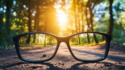 Myopia prevention with a woman wearing glasses jogging on a nature trail. Running shoes, path, trees