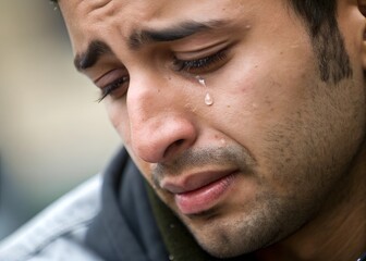 Obraz premium Emotional close up of a man crying with tears highlighting feelings of sorrow and loss