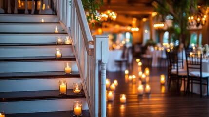 Fototapeta premium Romantic candlelit staircase, wedding reception, indoor venue