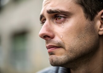 Obraz premium Emotional close up of a man crying with tears highlighting feelings of sorrow and loss