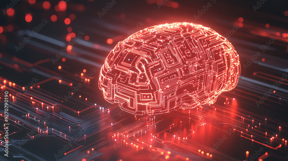 Poster neural network brain circuit board concept in red digital light artificial intelligence system