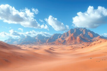 Naklejka premium Desert Landscape: Majestic Mountains & Sand Dunes Under a Blue Sky