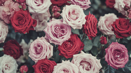 Naklejka premium A lush collection of red and pink roses fills the garden, showcasing various shades and sizes. The blooms reflect the brightness of the day, creating a lively atmosphere.
