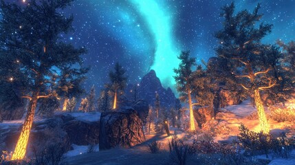 Fototapeta premium Majestic Night Landscape with Aurora Borealis and Snowy Forest