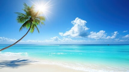 Fototapeta premium Tropical beach paradise palm tree, ocean, sun, clouds, vacation