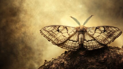 Moth perched on wood, golden background, nature scene, wildlife photography, stock image