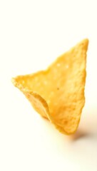 Extreme closeup of a unique triangular tortilla chip against a plain background