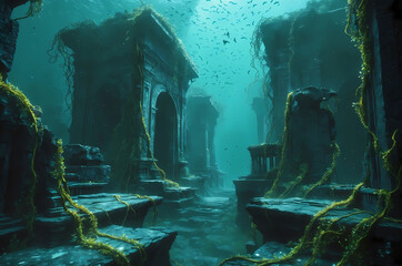 Eerie Ancient Underwater Metropolis with Crumbling Ruins, Vine-Entwined Monuments, and Bioluminescent Fish, Illuminated by Ethereal Blue-Green Light and Hidden Passageways