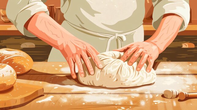 Professional Baker Kneading Dough on Wooden Table