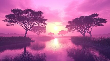 Naklejka premium Tranquil Sunset Over Silhouetted Trees and Reflective Water Surface