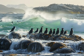 Silhouetted Great Auks line up on rugged rocks with powerful waves crashing behind, misty mountains in distance, powerful, majestic presence of these extinct seabirds amidst dynamic natural elements.