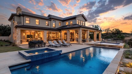Elegant home with a pool at beautiful sunset hour