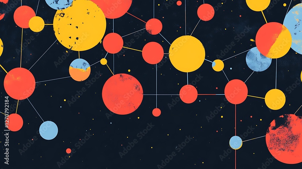 Aufkleber Connected network of colorful nodes with textured surfaces, for presentation or abstract backgrounds