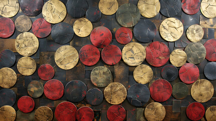An abstract arrangement of circular shapes in gold, red, and black tones.