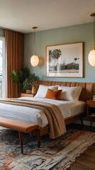 Fototapeta premium mid century bedroom with earthy tones on the walls unique decor and a peaceful view of trees through the window offering a natural retreat Modern Interior design inspiration