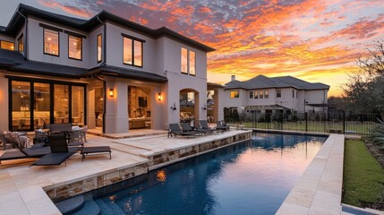 Luxury house with a beautiful swimming pool at sunset