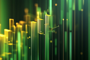 Abstract geometric patterns resembling graphs and bar charts, with shades of green and gold. Suitable for promoting financial growth, investment, or stability