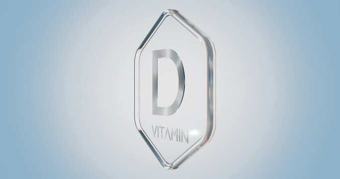 vitamin d inscription on rotating, glass hexagon, 3d rendering on blue background