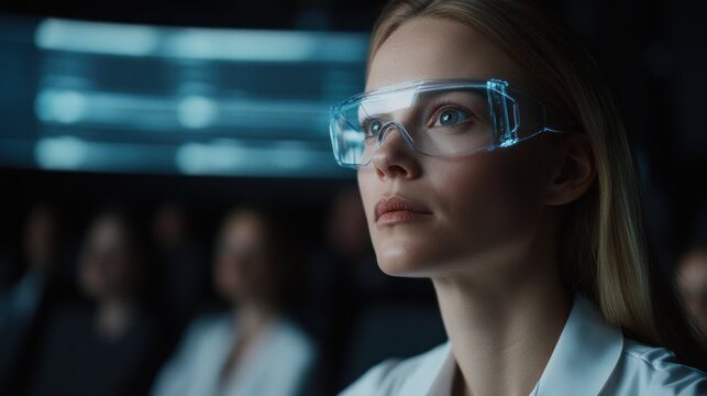 Woman scientist, lab, future tech, presentation, audience - Powered by Adobe