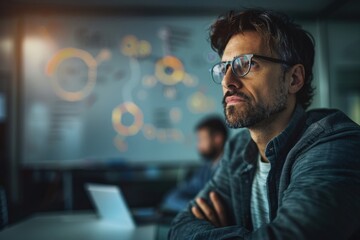 Thoughtful businessman analyzing complex strategy on digital whiteboard in modern workspace, deep focus on innovative solutions and data-driven decision-making enhancing leadership corporate vision.