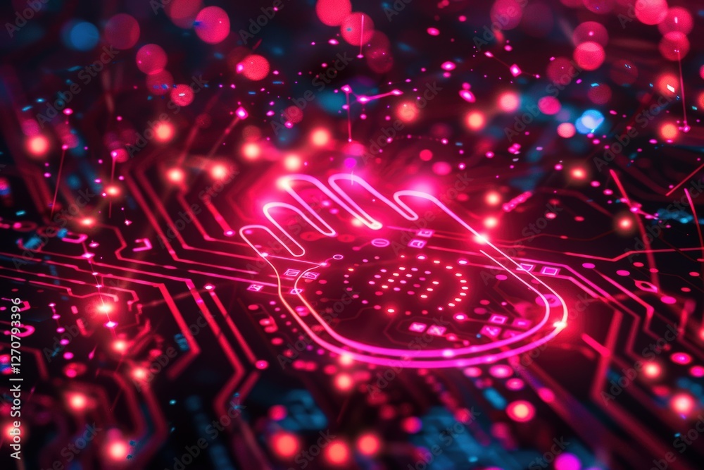 Poster futuristic biometric security system with glowing red digital handprint on a cybernetic circuit, rep