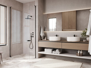 Modern contemporary beige concrete bathroom with shower and nobody present