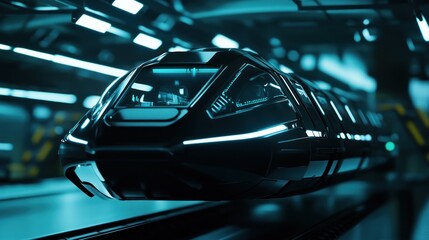 Futuristic train speeds through neon-lit tunnel; transportation innovation